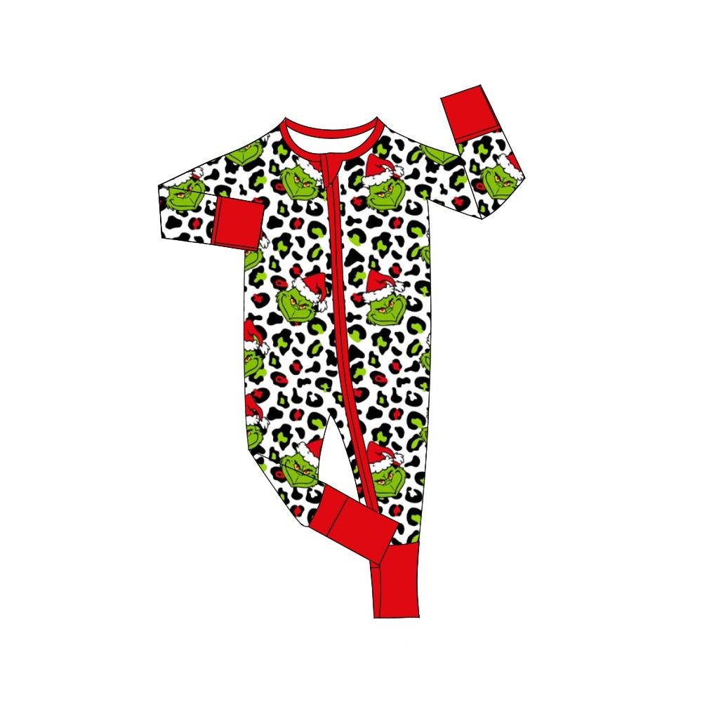 Preorder LR1875 grinch leopard print red and white zip-up long-sleeved onesie