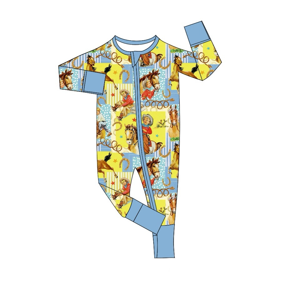 Preorder LR1889 Riding boy yellow blue zipper long sleeve onesie high quality wholesale