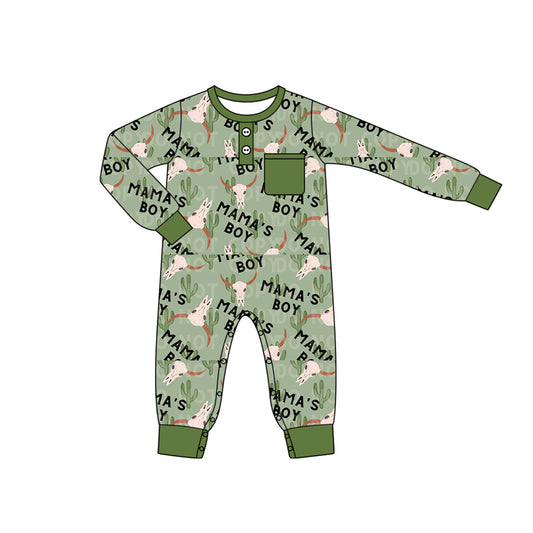 Preorder LR1897 mama's boy cactus cow head pocket green long sleeve onesie High quality