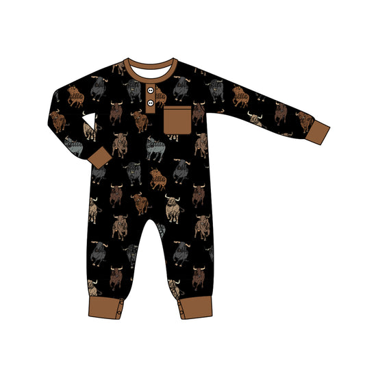 Preorder LR1902 Brown black long-sleeved onesie with cow pocket