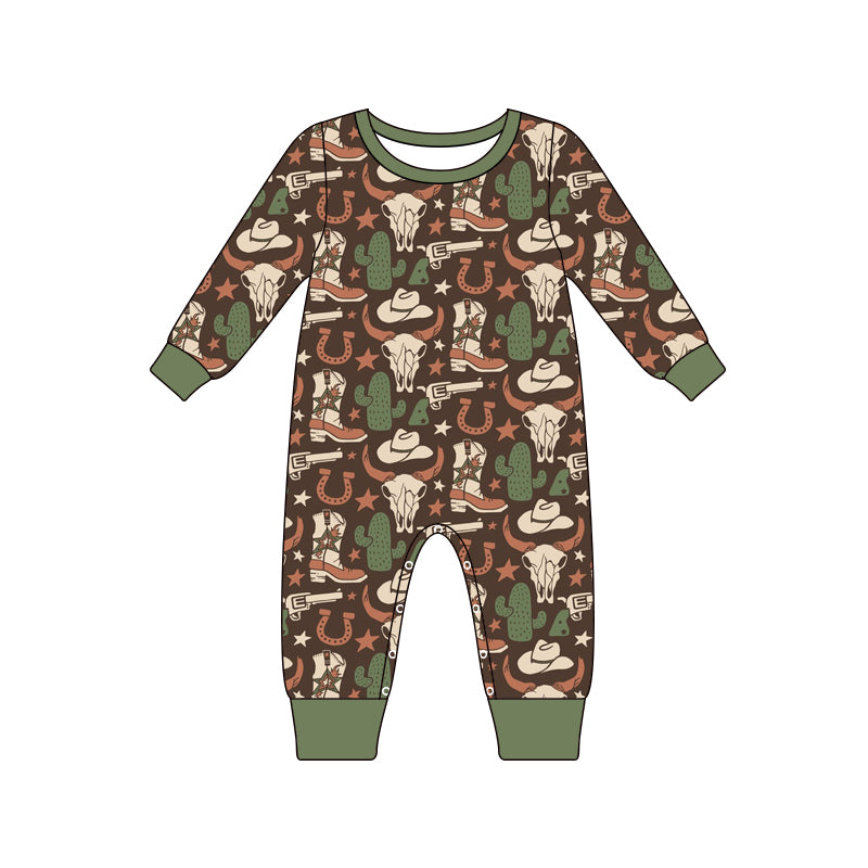 Preorder LR1903 Cowboy hat boots cactus cow head brown-green long-sleeved onesie