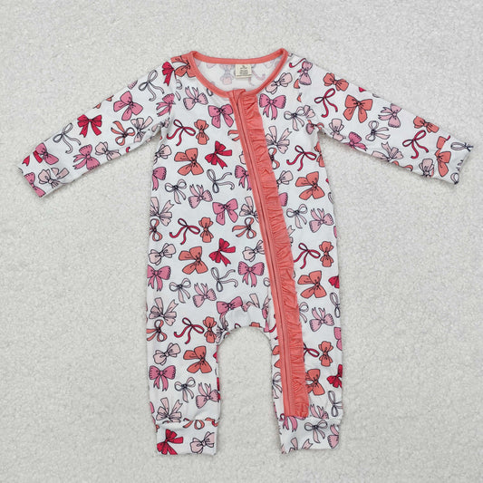 LR1905 Bamboo Pajamas Bows Pattern Pink Ruffle Zipper Long-Sleeved Girls Romper RTS 202509