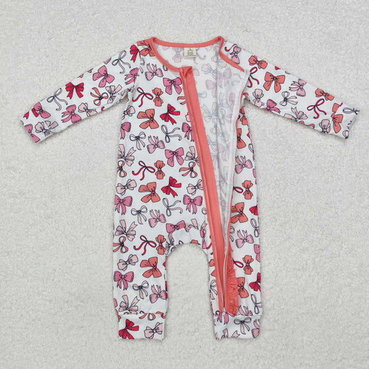 LR1905 Bamboo Pajamas Bows Pattern Pink Ruffle Zipper Long-Sleeved Girls Romper RTS 202509