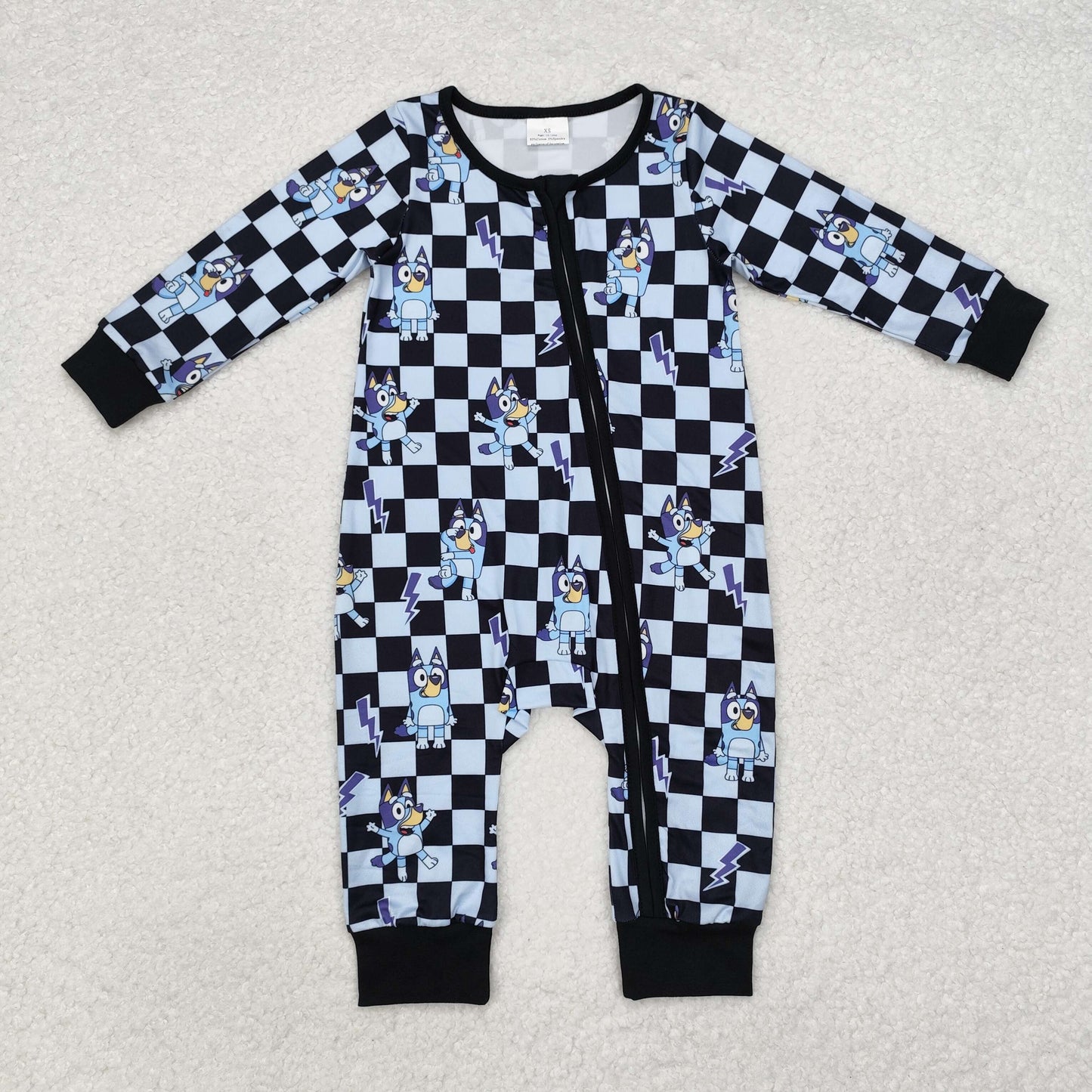 LR1910 Cartoon bluey blue and black checkered zip-up long-sleeved onesie