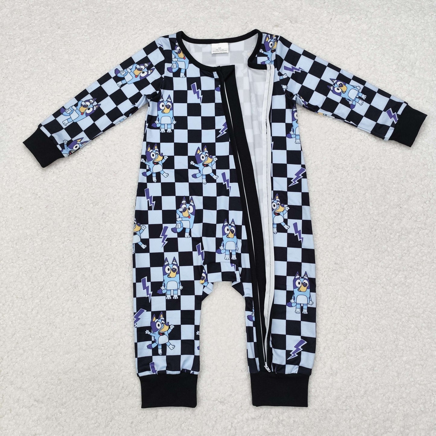 LR1910 Cartoon bluey blue and black checkered zip-up long-sleeved onesie