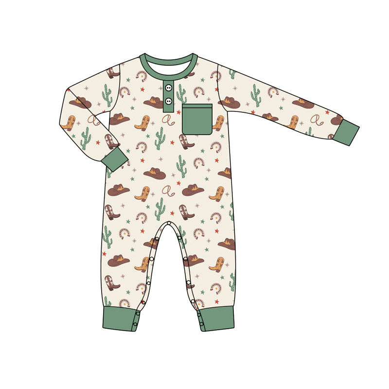 Preorder LR1911 Cactus cowboy hat boots Stars Green pockets Beige long sleeve onesie High quality