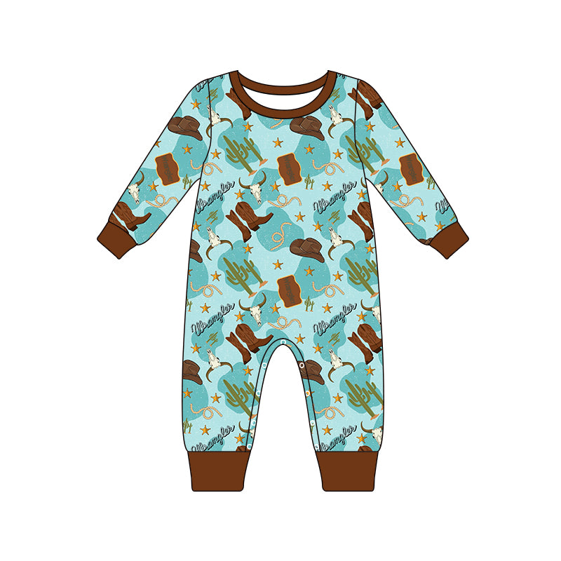 Preorder LR1914 Cow head cactus cowboy hat boots Brown blue long sleeve onesie High quality