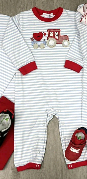 Preorder LR1924 Love tractor striped red edge long-sleeved onesie