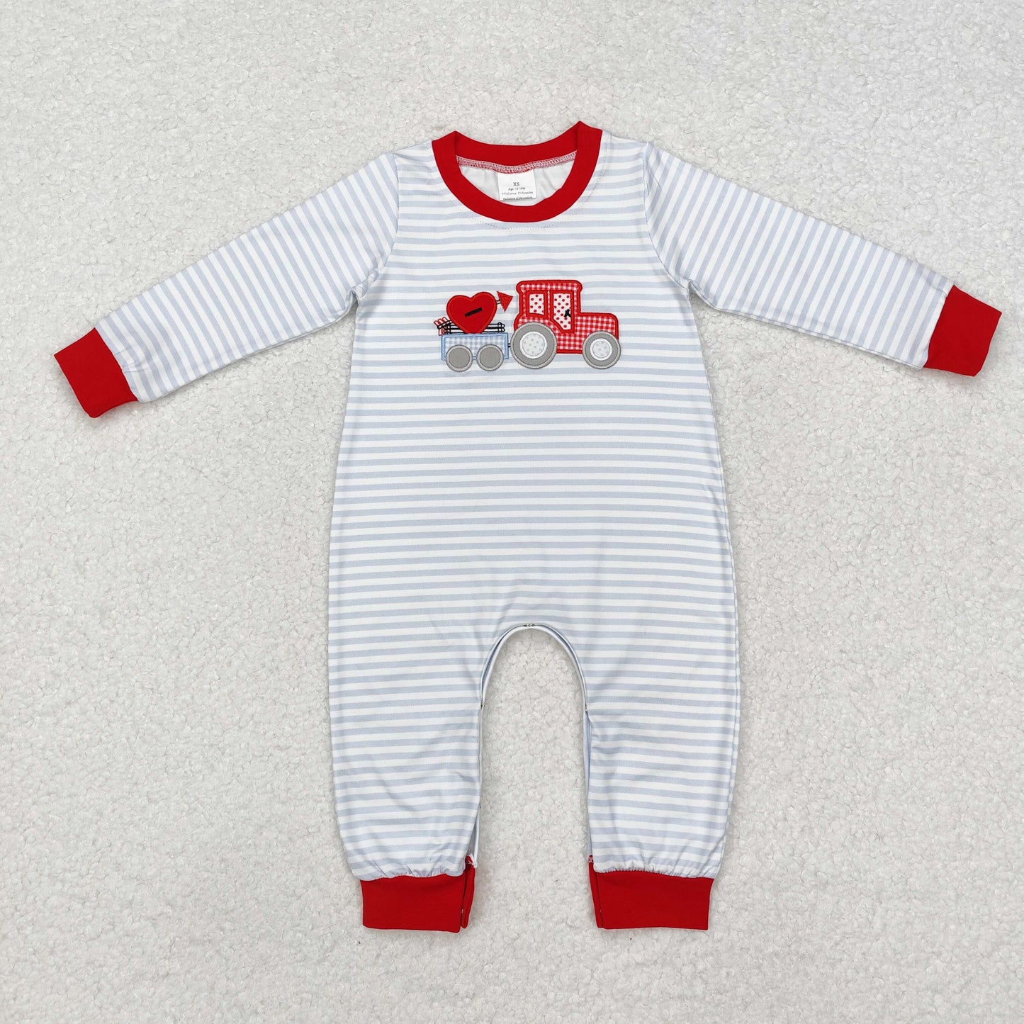 LR1924 Embroidered Valentine's Day Love Tractor Striped Long-Sleeved Boys Romper RTS 202509