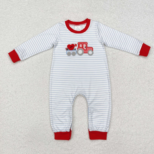LR1924 Embroidered Valentine's Day Love Tractor Striped Long-Sleeved Boys Romper RTS 202509