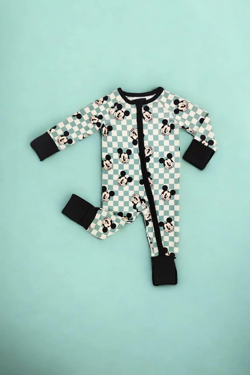 Preorder LR1929 Mickey green checkered zipper long-sleeved onesie