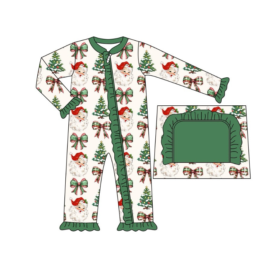 Preorder LR1930 Santa Claus bow pattern Green lace beige zipper long sleeve onesie High quality