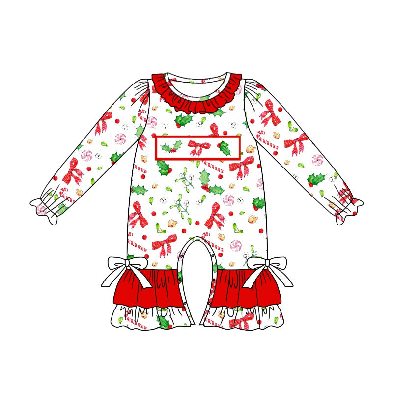 Preorder LR1931 Christmas leaf bow pattern Red lace White long sleeve onesie High quality