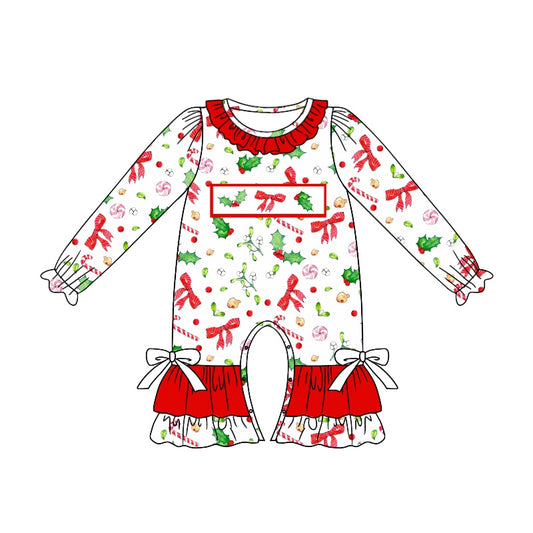 Preorder LR1931 Christmas leaf bow pattern Red lace White long sleeve onesie High quality