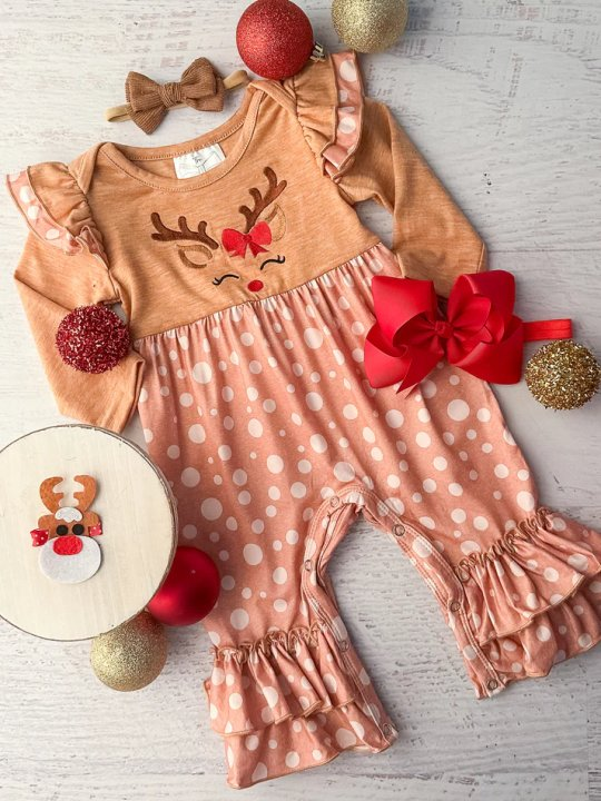 Preorder LR1932 Christmas reindeer polka dot brown long sleeve onesie high quality