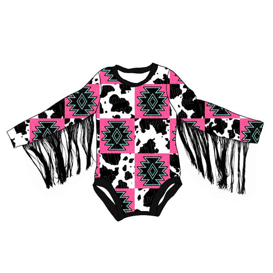 Preorder LR1936 Geometric cow print black fringe long sleeve onesie High quality