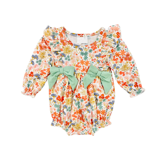 Preorder LR1940 Flowers dandelion green bow White long sleeve onesie High quality