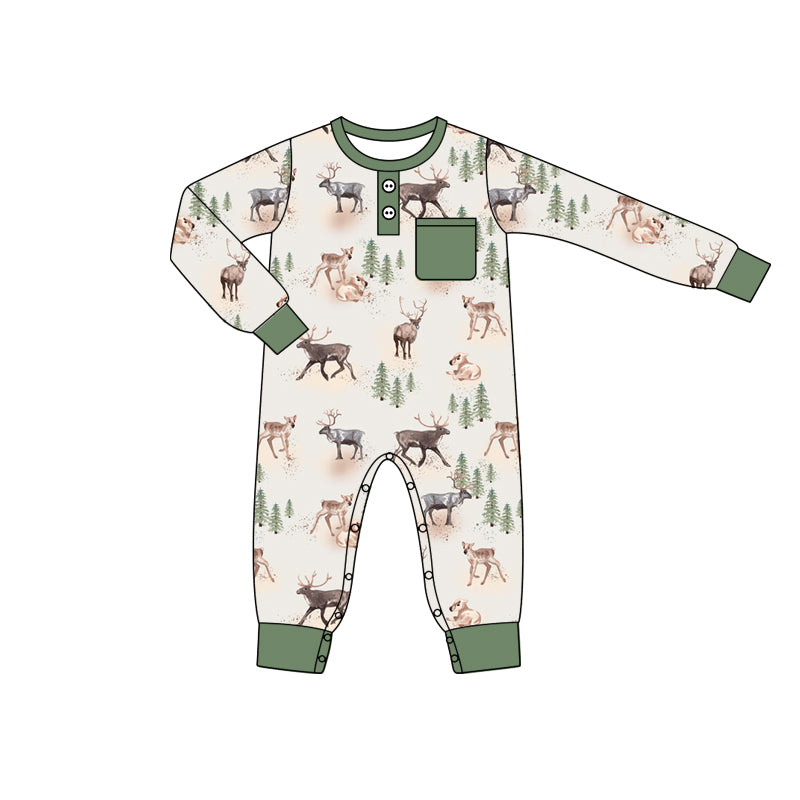 Preorder LR1945 Elk animal green pocket long sleeve onesie