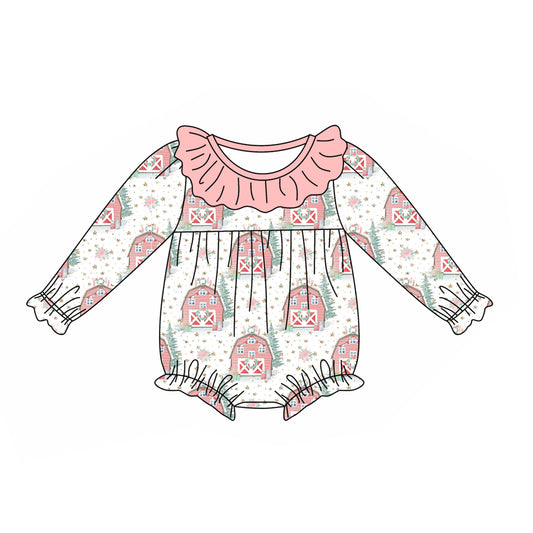 Preorder LR1947 Christmas House Stars Pink lace White long-sleeved onesie