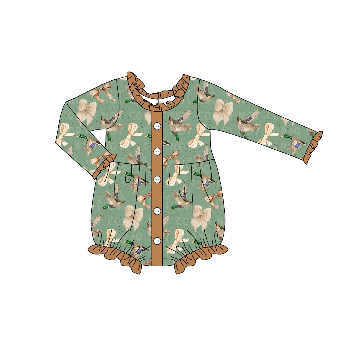 Preorder LR1950 Duck bow pattern Brown lace buttons green long-sleeved onesie