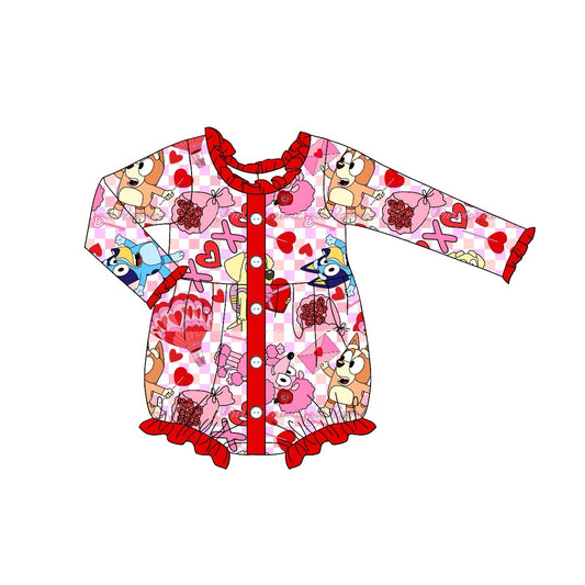 Preorder LR1955 xoxo bluey Love flowers Red lace buttons powder-white checkered long-sleeved onesie