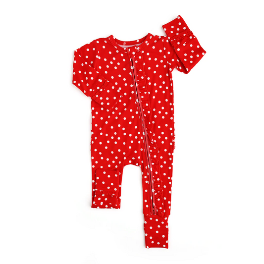 Preorder LR1960 White polka dot red lace zipper long sleeve onesie high quality wholesale