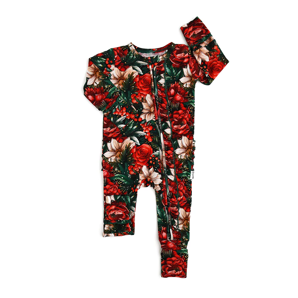 Preorder LR1961 Christmas flower leaf red green zipper long sleeve onesie high quality wholesale