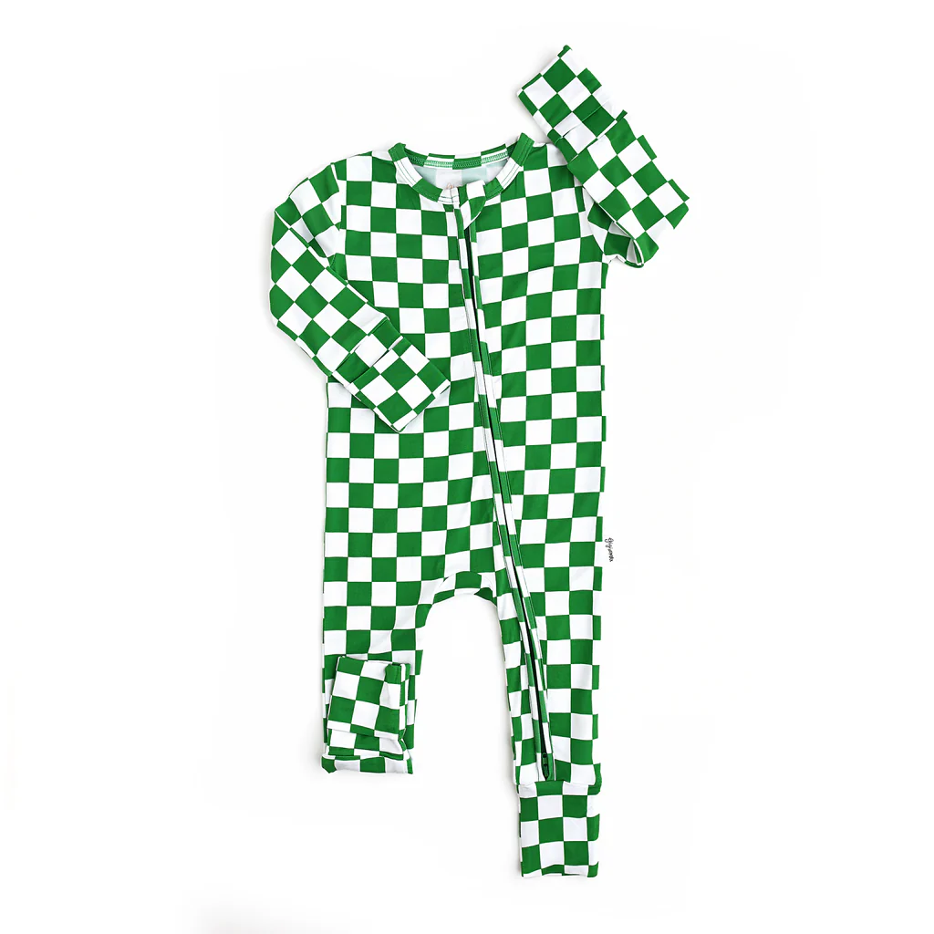 Preorder LR1965 Green and white checkered zipper long sleeve onesie high quality wholesale