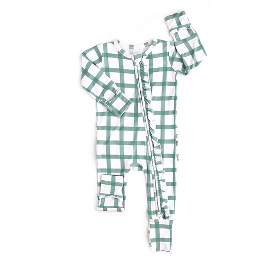 Preorder LR1967 Turquoise check lace white zipper long sleeve onesie high quality wholesale