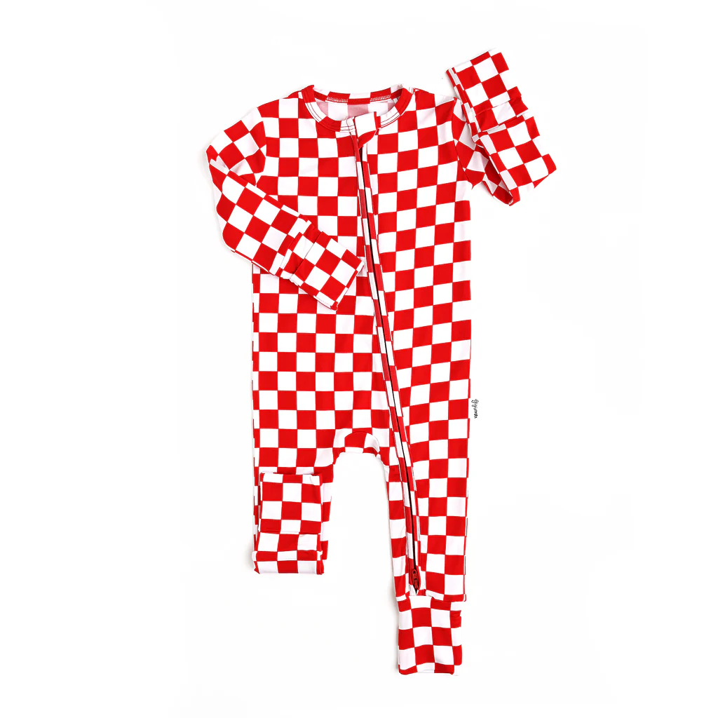 Preorder LR1969 Red and white check zipper long sleeve onesie high quality wholesale