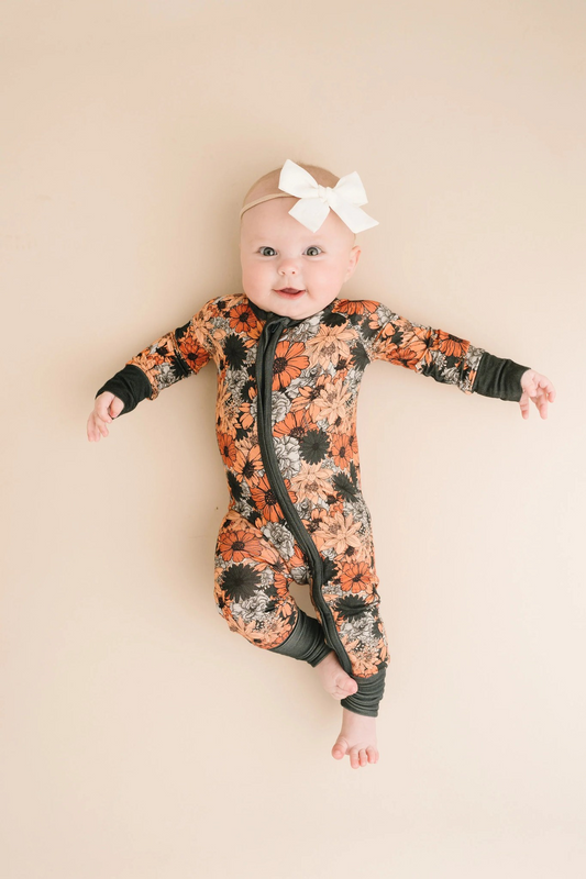 Preorder LR1973 Orange flower zipper long sleeve onesie high quality wholesale