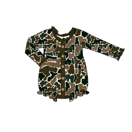 Preorder LR1976 Camouflage military green lace buttons beige long sleeve onesie high quality wholesale