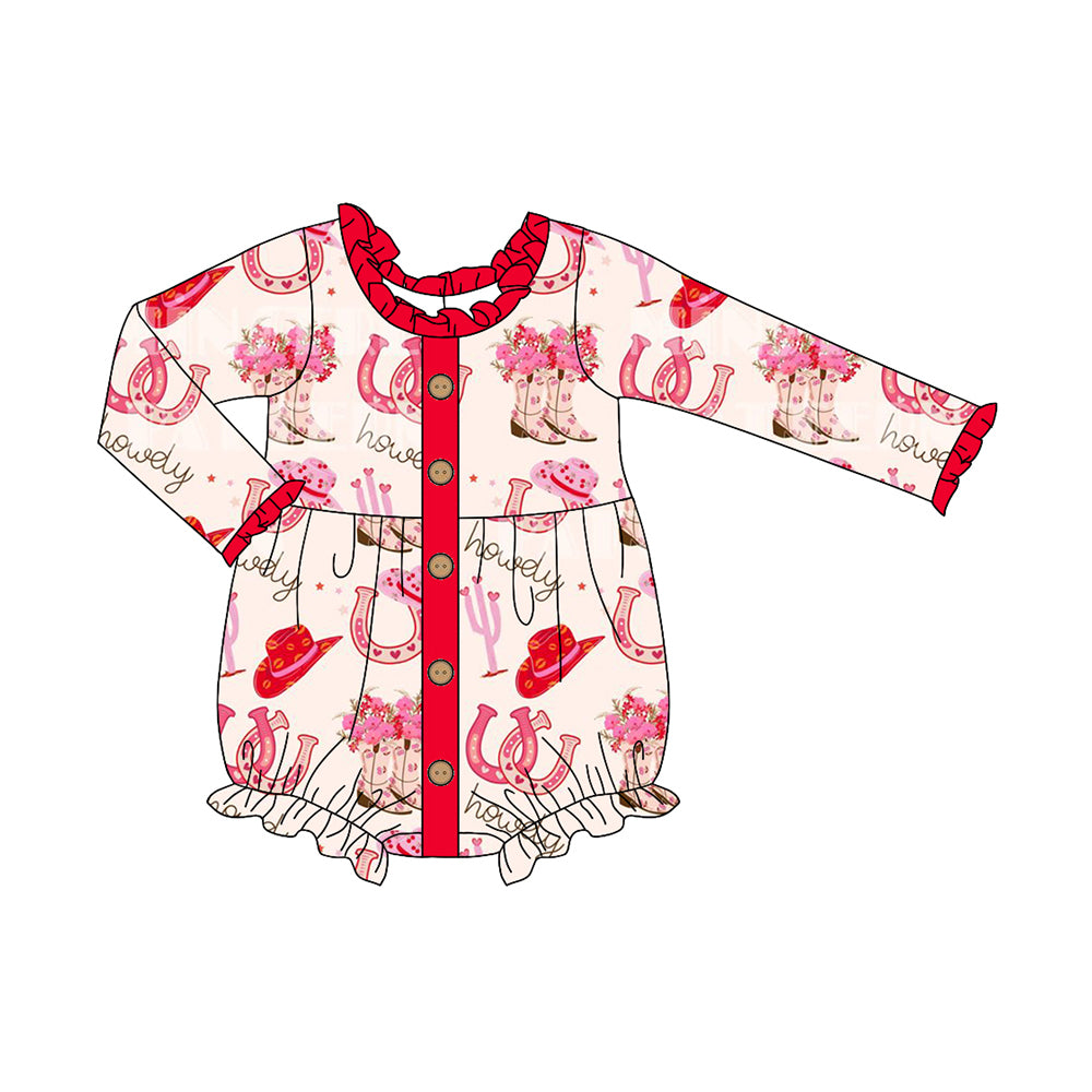 Preorder LR1979 howdy Cowboy Boots Flower Red lace button long sleeve onesie High quality