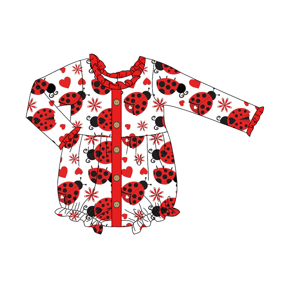 Preorder LR1980 Love Heart Ladybug Red Trimmed Button White Long Sleeve Overalls of High Quality