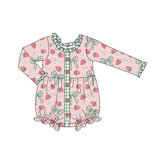 Preorder LR1981 Bow pattern Strawberry flower Green plaid lace button pink long sleeve onesie High quality