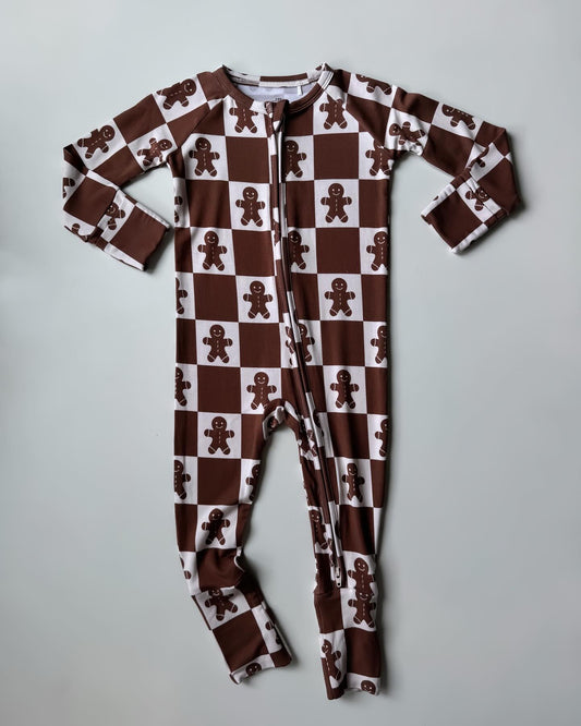 Preorder LR1984 Gingerbread Man brown checkered zipper long sleeve onesie High quality