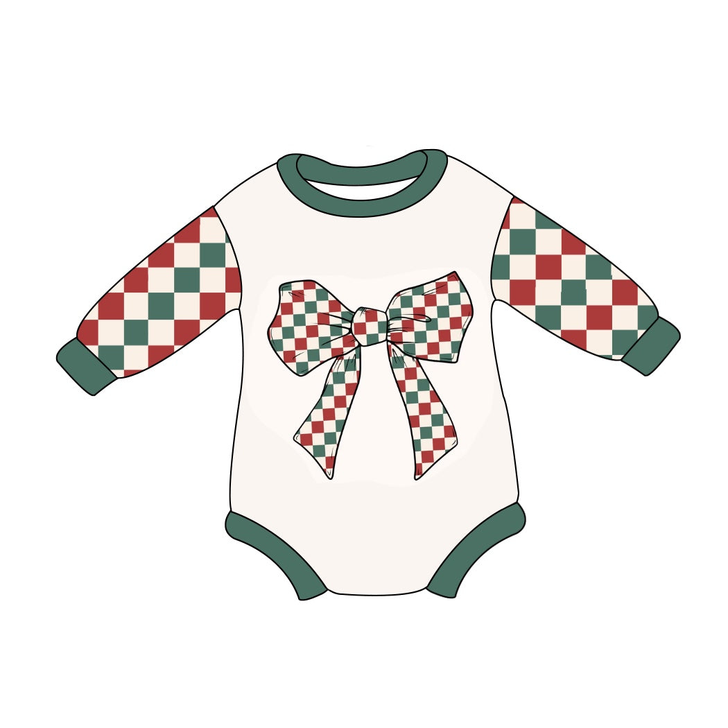 Preorder LR1987 Christmas red and green plaid bow pattern long sleeve onesie high quality