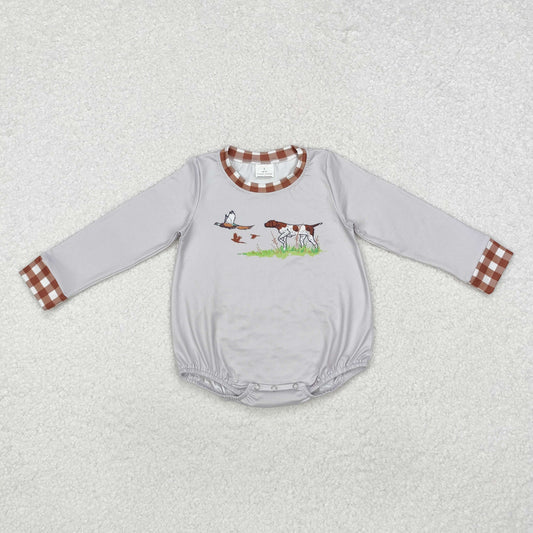 LR1999 Duck Puppy Brown Plaid Border Gray Long-Sleeved Boys Bubble Romper RTS 202509