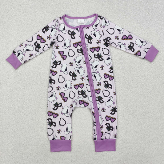 LR2038 Mardi Gras Mask Purple White Zipper Long-Sleeved Girls Romper RTS 20241128