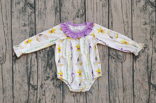 NO MOQ Preorder LR2042 Mardi Gras Purple Ruffle Long Sleeve Girls Bubble Romper  202509