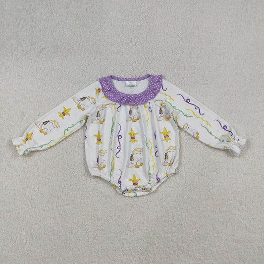 LR2042 Mardi Gras Purple Ruffle Long Sleeve Girls Bubble Romper  202509 RTS