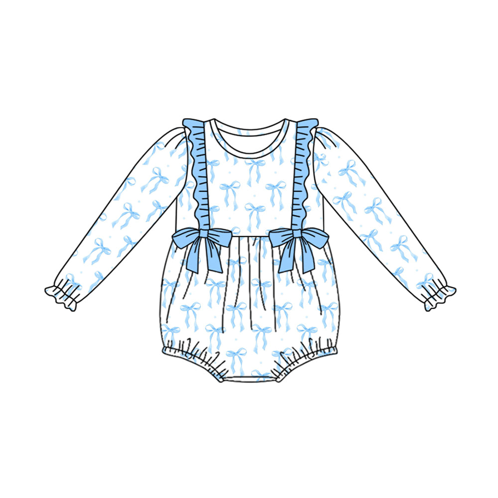 Preorder LR2043 White long-sleeved onesie with blue lace bow