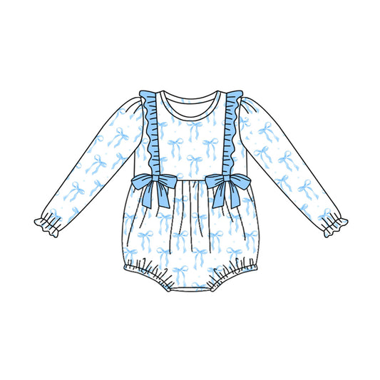 Preorder LR2043 White long-sleeved onesie with blue lace bow