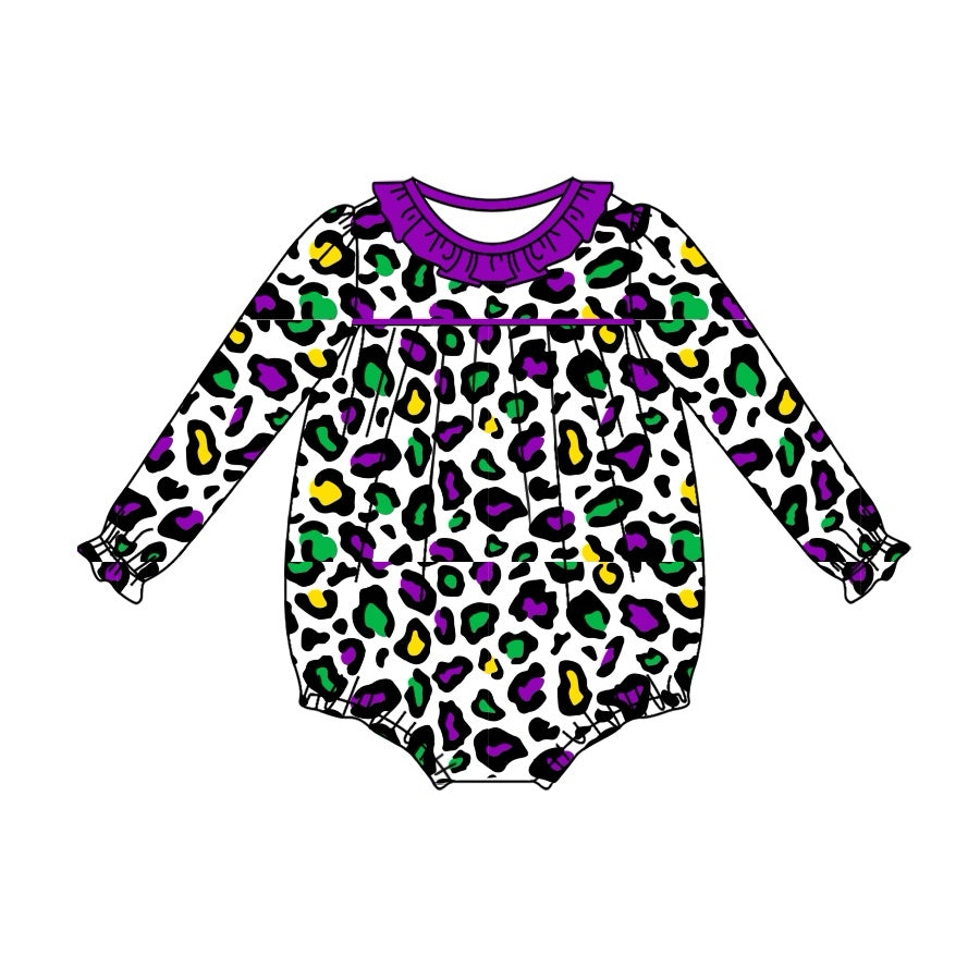 Preorder LR2046 Mardi Gras leopard print purple lace white long-sleeved onesie