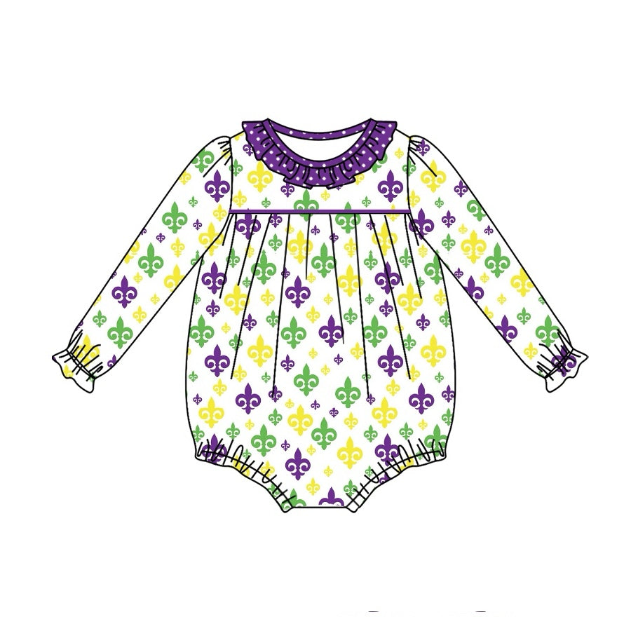 Preorder LR2047 Mardi Gras pattern polka dot purple lace white long-sleeved onesie