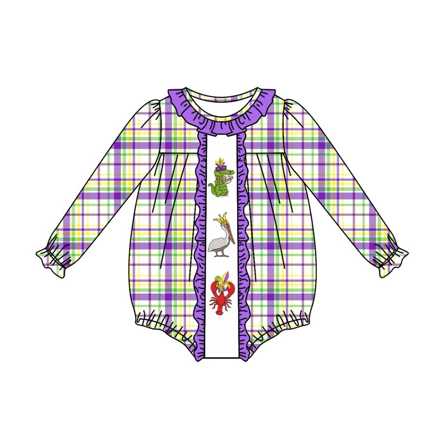 Preorder LR2048 Mardi Gras Crocodile Bird Lobster purple lace plaid long-sleeved onesie