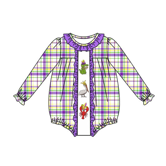 Preorder LR2048 Mardi Gras Crocodile Bird Lobster purple lace plaid long-sleeved onesie