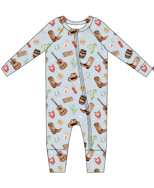 Preorder LR2054 Cowboy hat boots cactus guitar blue zip-up long-sleeved onesie