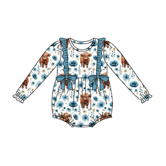 Preorder LR2058 Alpine bull head flowers Blue lace bow white long sleeve onesie