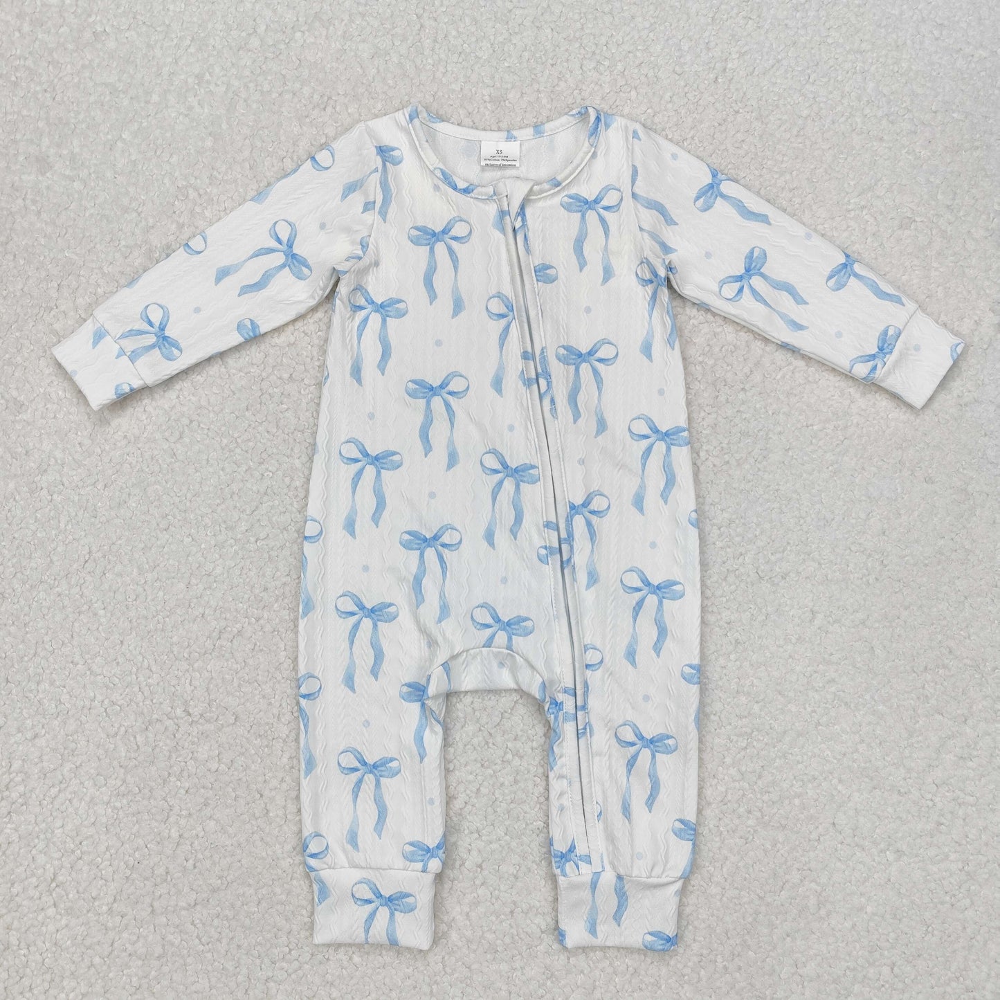 LR2070 Baby girl outfit boutique Cotton Cable Knit Zipper Romper  with blue bows RTS 202412